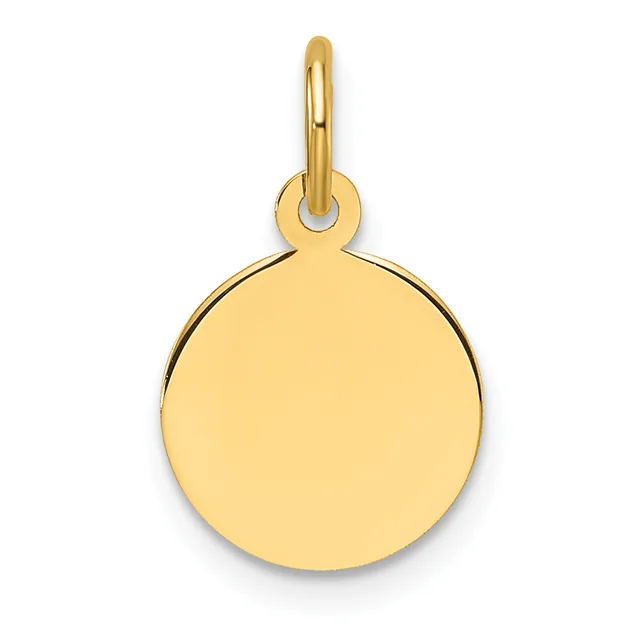 A polished gold circular pendant with a small loop at the top for attachment to a chain or cord.
