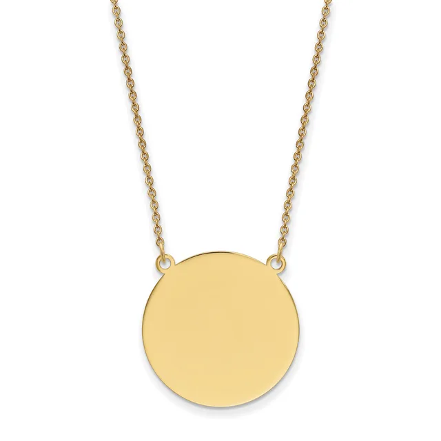 A gold chain necklace with a polished circular gold pendant hanging from two attachment points.