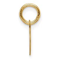 A gold-colored circular pendant with a loop at the top and a long thin tapered post extending downward against a white background.