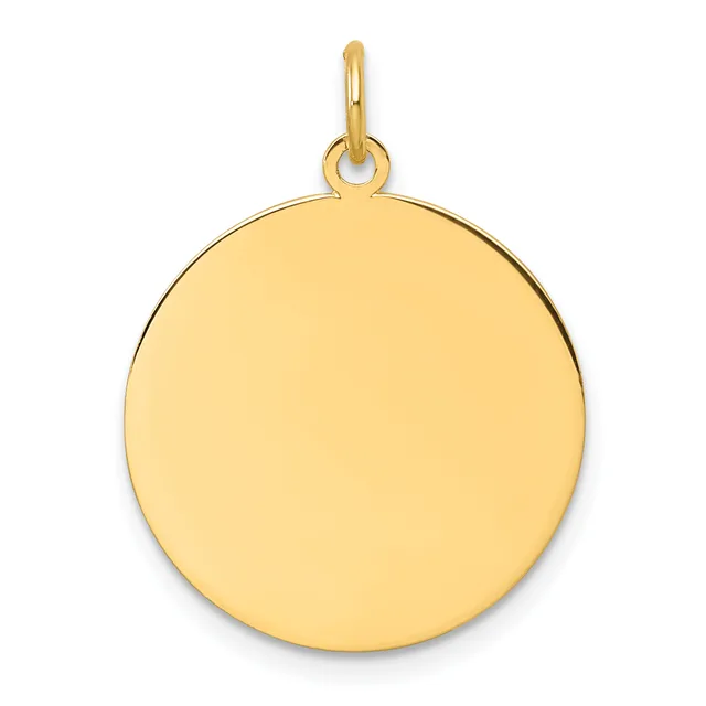 A polished round gold pendant with a loop attachment at the top, shown against a white background.