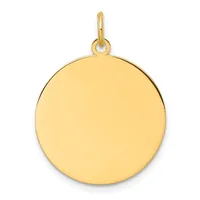 A polished round gold pendant with a loop attachment at the top, shown against a white background.