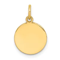 A polished gold circular disc pendant with a looped bail attachment at the top, shown against a white background.