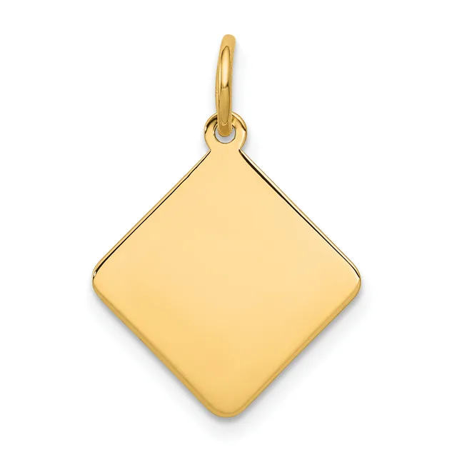 A polished gold diamond-shaped pendant with rounded corners hangs from a small gold loop bail against a white background.