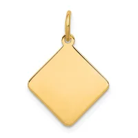 A polished gold diamond-shaped pendant with rounded corners hangs from a small gold loop bail against a white background.