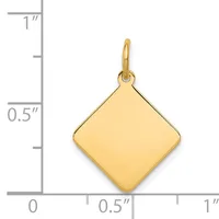 A polished gold diamond-shaped pendant with a small bail loop, shown next to a ruler indicating approximately 0.5 inches in width and height.