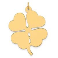 Gold four-leaf clover charm pendant with a loop at the top and a small stamped hallmark on the surface.