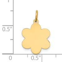 Gold flower-shaped pendant with six rounded petals and a small loop at the top for hanging, shown next to a ruler indicating approximately 0.5 inches in size.