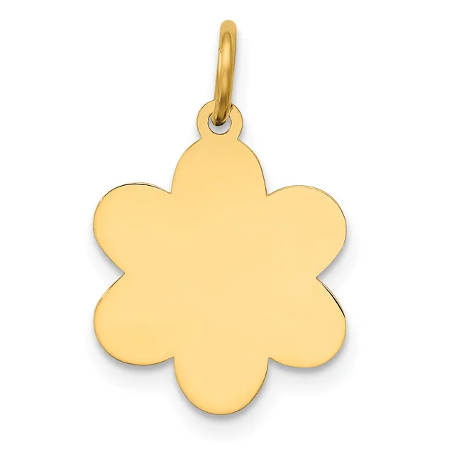 Gold flower-shaped pendant with six rounded petals and a small loop attachment at the top.