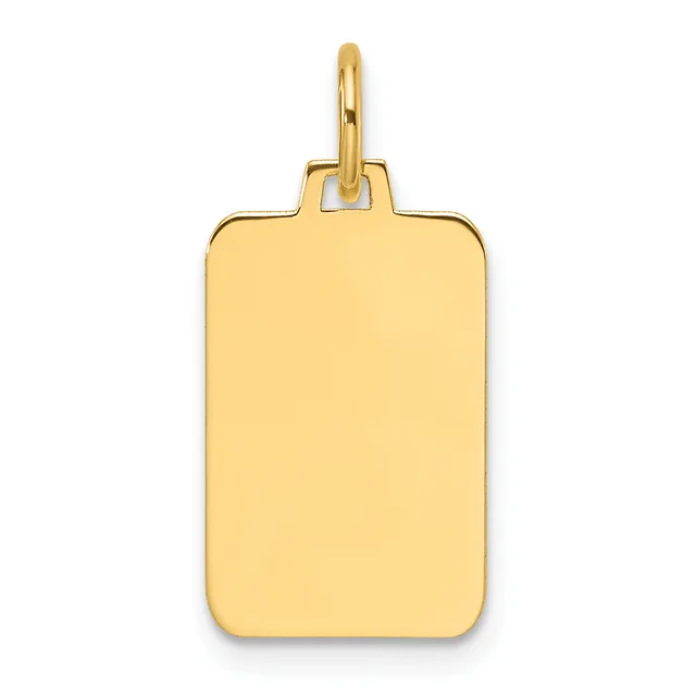 A polished gold rectangular pendant with rounded corners and a looped bail, shown hanging against a white background.