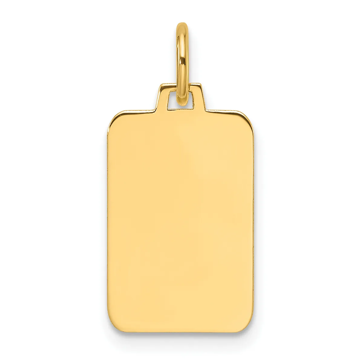 A polished gold rectangular pendant with rounded corners and a looped bail, shown hanging against a white background.