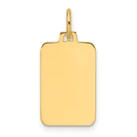 A polished gold rectangular pendant with rounded corners and a looped bail, shown hanging against a white background.