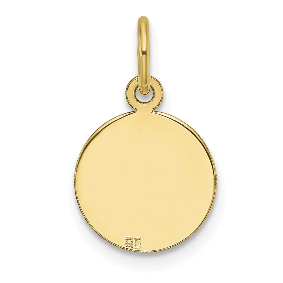 A polished gold circular pendant with a loop attachment at the top and a small stamped hallmark on the lower right.