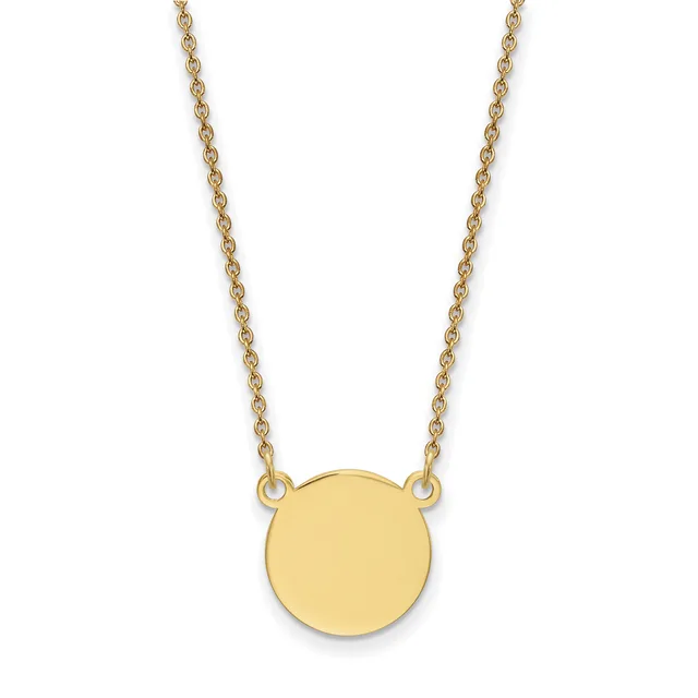 Gold chain necklace with a polished circular pendant hanging from two attachment points.