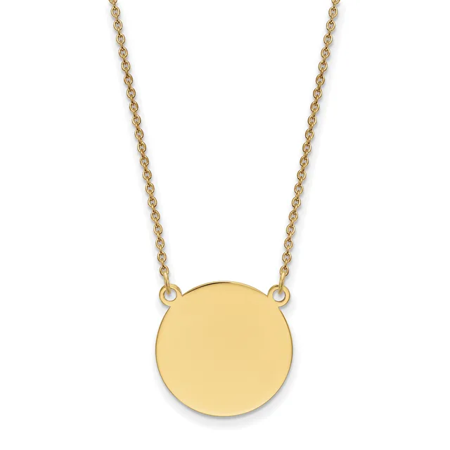 A gold chain necklace with a plain circular gold pendant suspended from two attachment points.