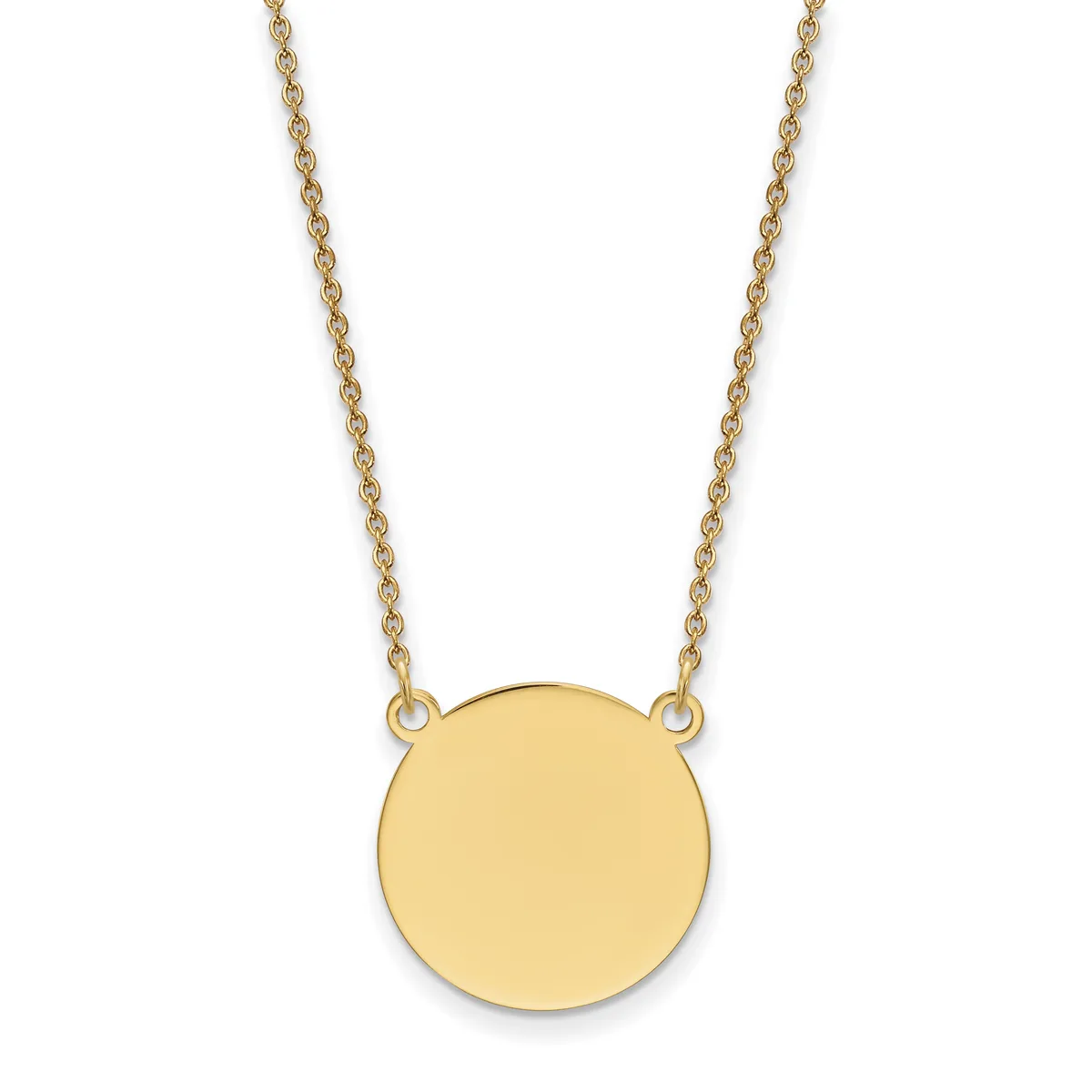 A gold chain necklace with a plain circular gold pendant suspended from two attachment points.