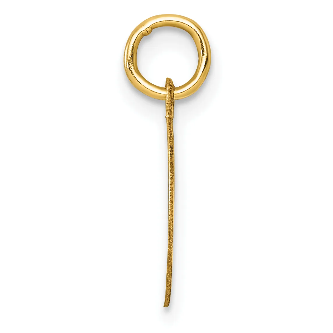 A gold-toned metal pendant consisting of a circular loop at the top connected to a long, tapered stem, shown against a white background.