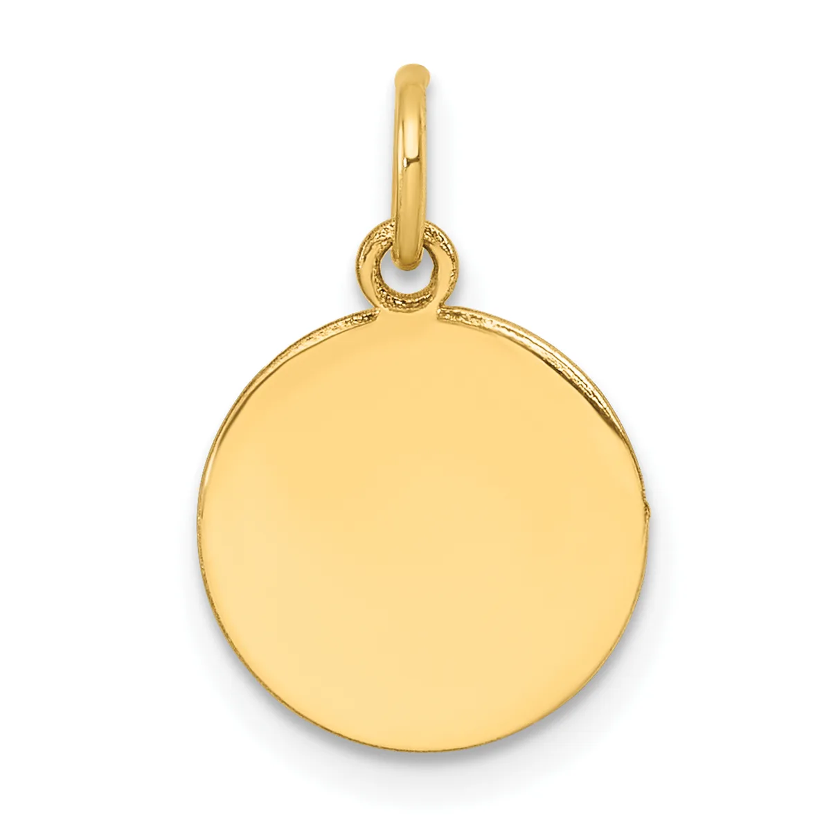 A polished gold circular pendant with a smooth flat surface hanging from a matching gold bail loop.