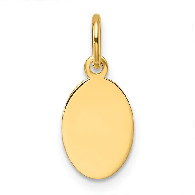 A polished gold oval pendant with a small hallmark hanging from a gold loop bail.