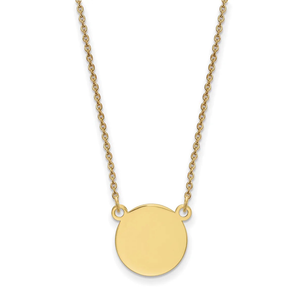 Gold chain necklace with a plain polished circular pendant hanging from two attachment points.