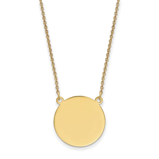 A gold chain necklace with a plain polished circular pendant suspended from two attachment points.