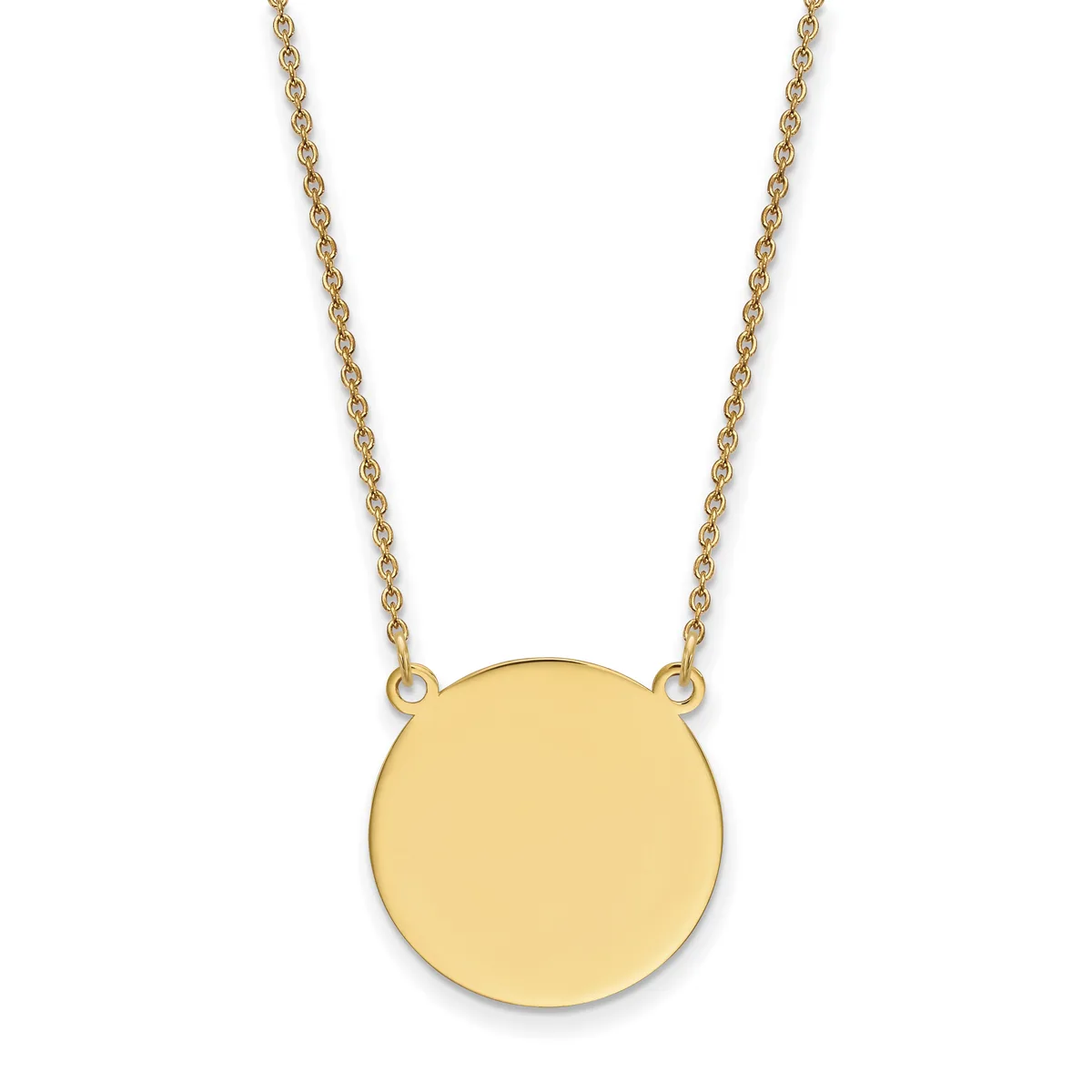 A gold chain necklace with a plain polished circular pendant suspended from two attachment points.