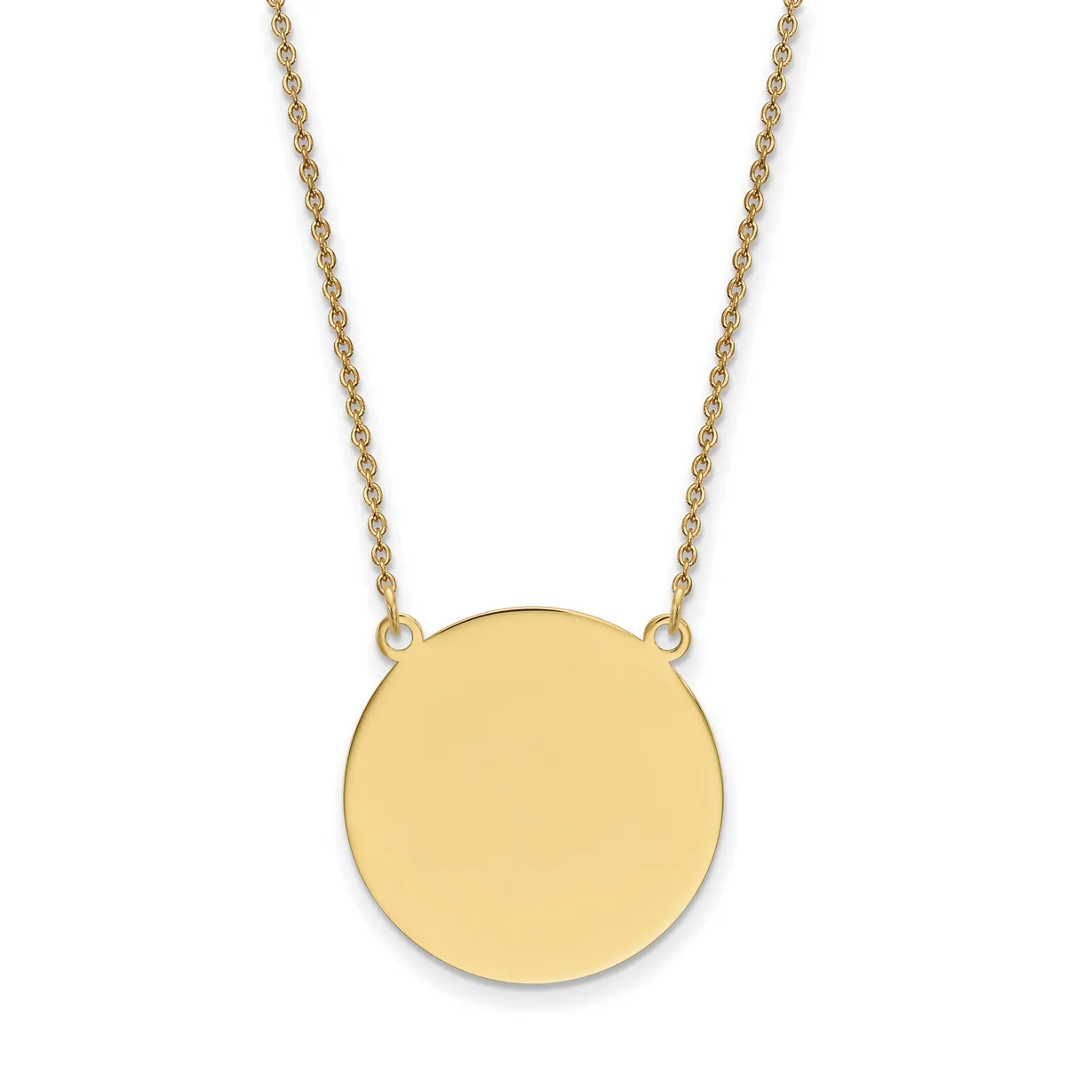 Gold-toned circular pendant suspended from a delicate chain necklace against a white background.