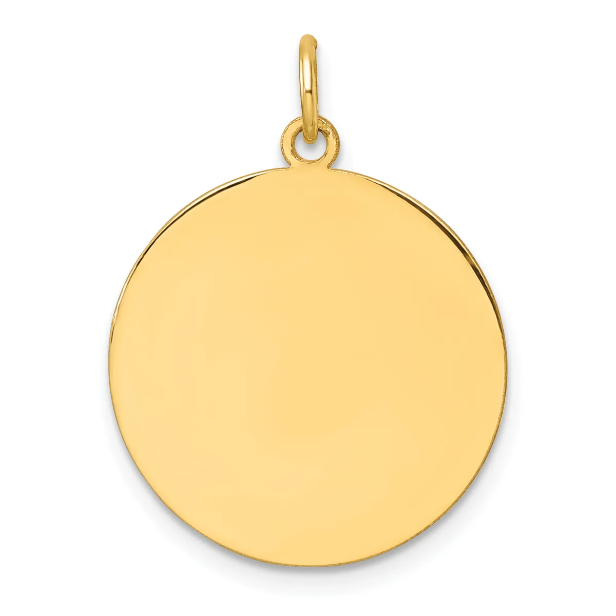 A polished gold circular pendant with a small loop attachment at the top, shown against a white background.