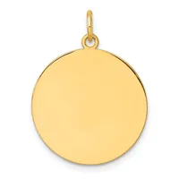 A polished gold circular pendant with a small loop attachment at the top, shown against a white background.