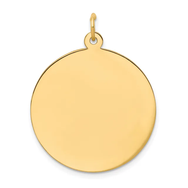 A polished gold circular pendant with a small loop attachment at the top.