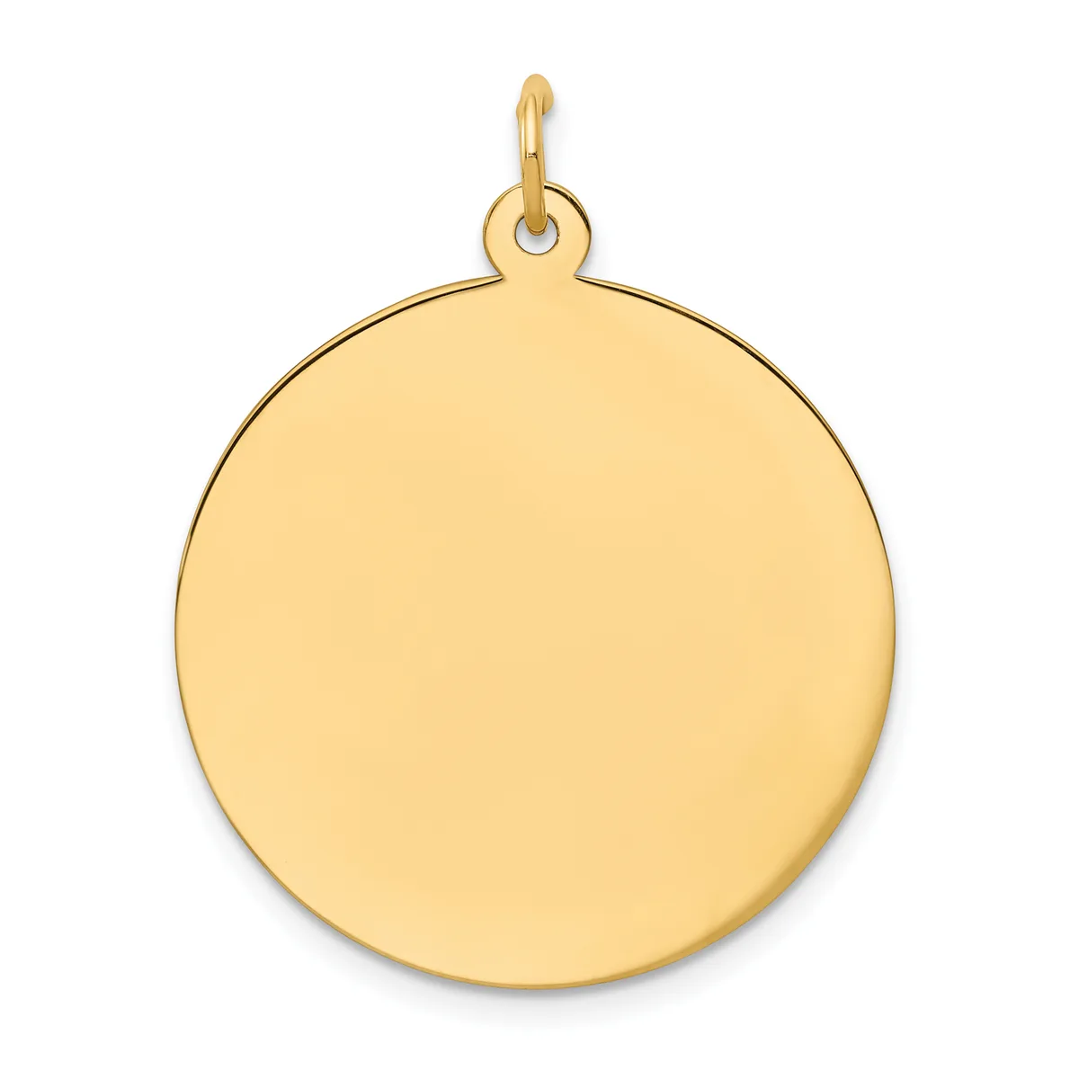 A polished gold circular pendant with a small loop attachment at the top.