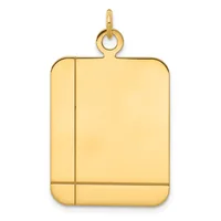 A polished gold rectangular pendant with rounded corners and vertical dividing lines, suspended from a small loop at the top.