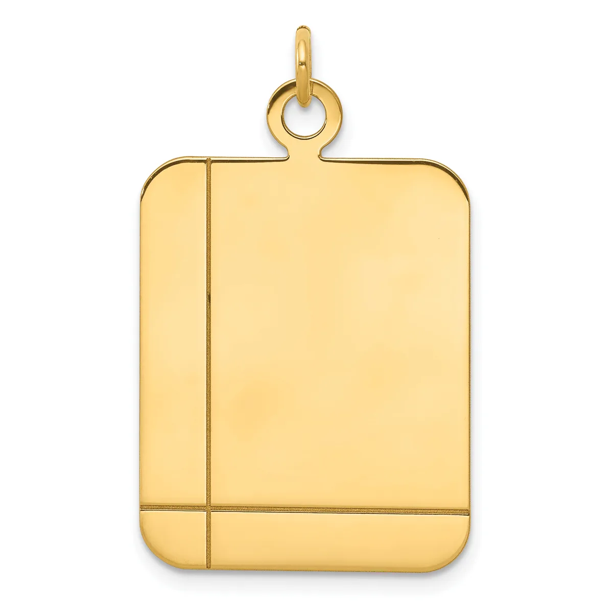 Gold rectangular pendant with rounded corners and vertical and horizontal line divisions, suspended from a small loop at the top.