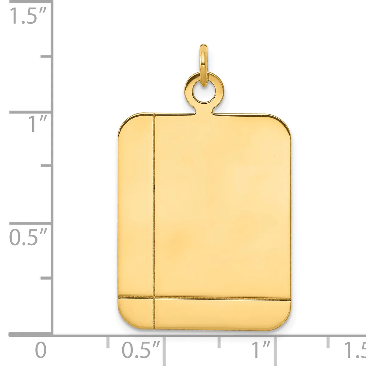 A polished gold-colored rectangular pendant with rounded corners and a small loop at the top, shown against a measurement scale.