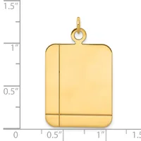 A polished gold rectangular pendant with rounded corners and a small loop at the top, shown against a measurement scale.