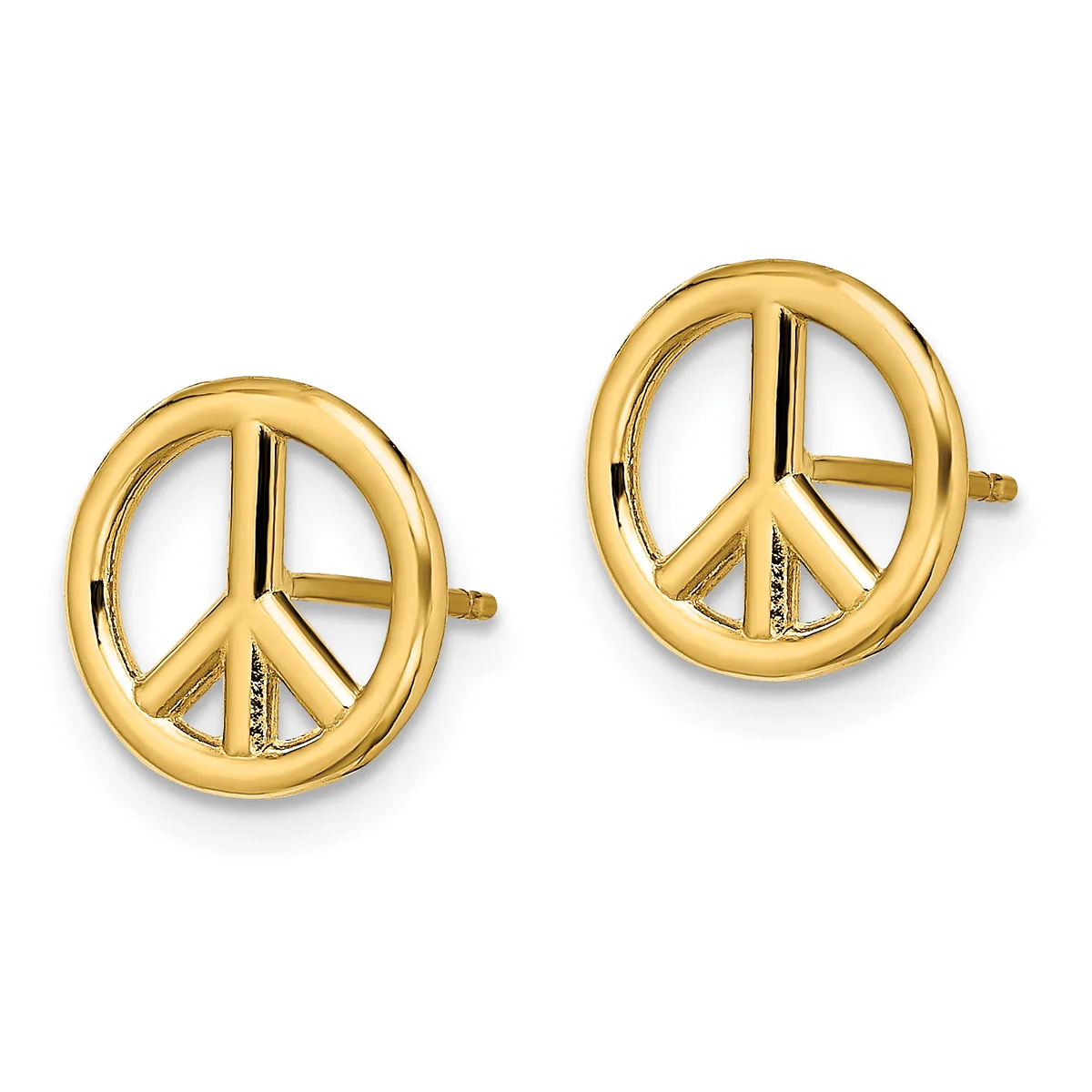 A pair of gold peace symbol stud earrings with a polished finish and small post backs, shown from the front against a white background.