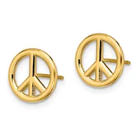 A pair of gold peace symbol stud earrings with a polished finish and small post backs, shown from the front against a white background.