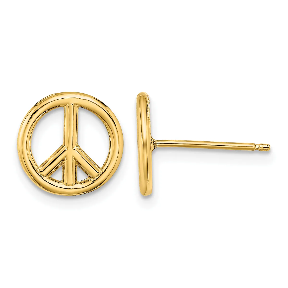 Pair of gold peace symbol stud earrings shown from front and side views, displaying the circular design with internal peace sign and post backs.