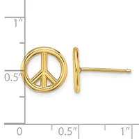 Pair of gold peace sign stud earrings shown front and side view with measurement scale indicating approximately half-inch diameter.