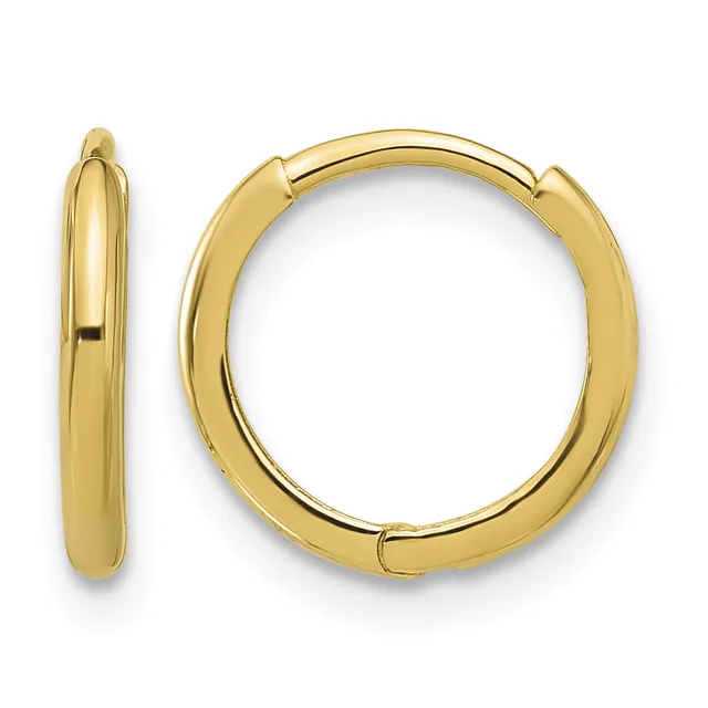 Pair of polished gold-toned hinged hoop earrings shown from front and side views against a white background.
