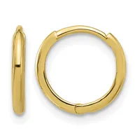 Pair of polished gold-toned hinged hoop earrings shown from front and side views against a white background.