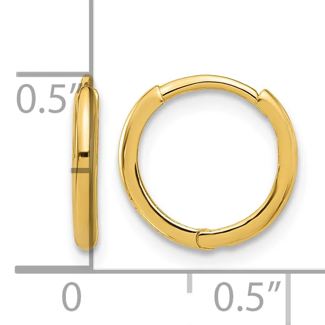 A pair of polished gold-colored hoop earrings with a hinged closure, shown front and side view with measurement scale indicating 0.5 inch diameter.