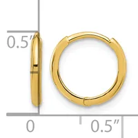 A pair of polished gold-colored hoop earrings with a hinged closure, shown front and side view with measurement scale indicating 0.5 inch diameter.