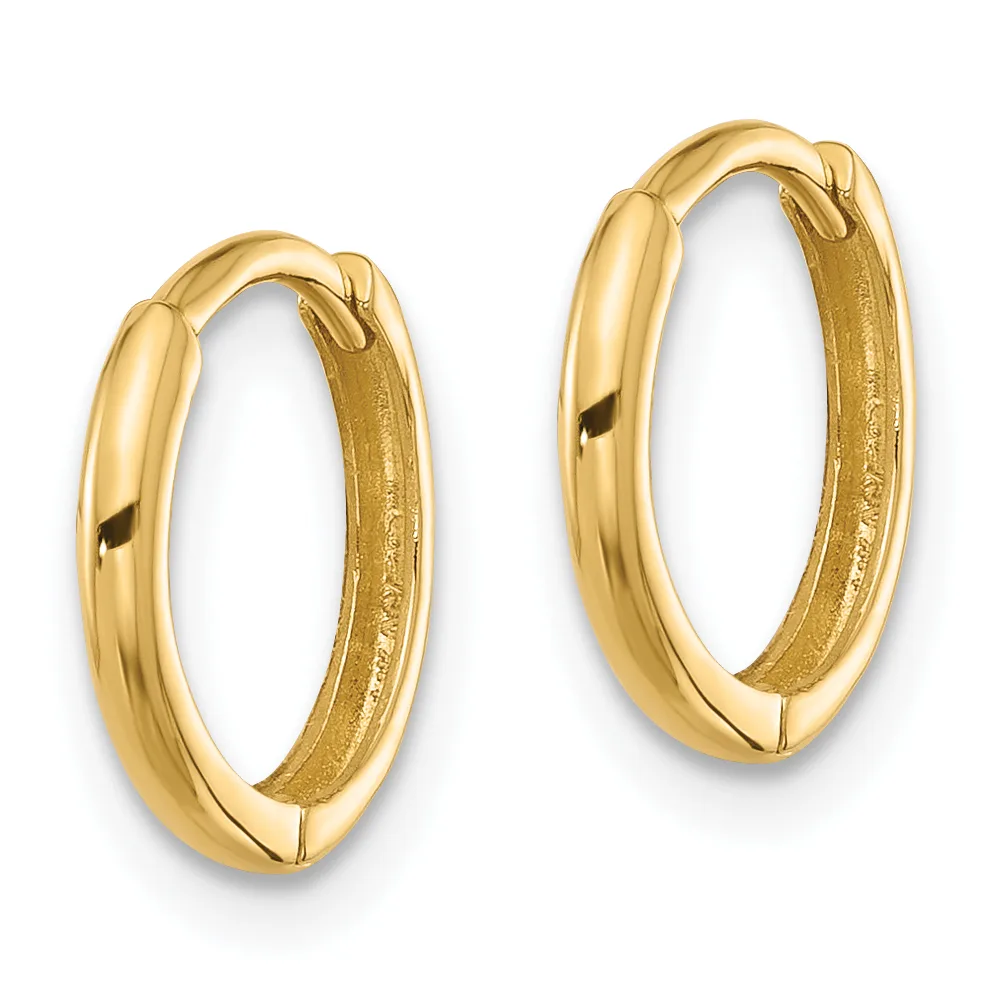A pair of polished gold hoop earrings with a chunky rounded profile and hinged closures, displayed side by side against a white background.