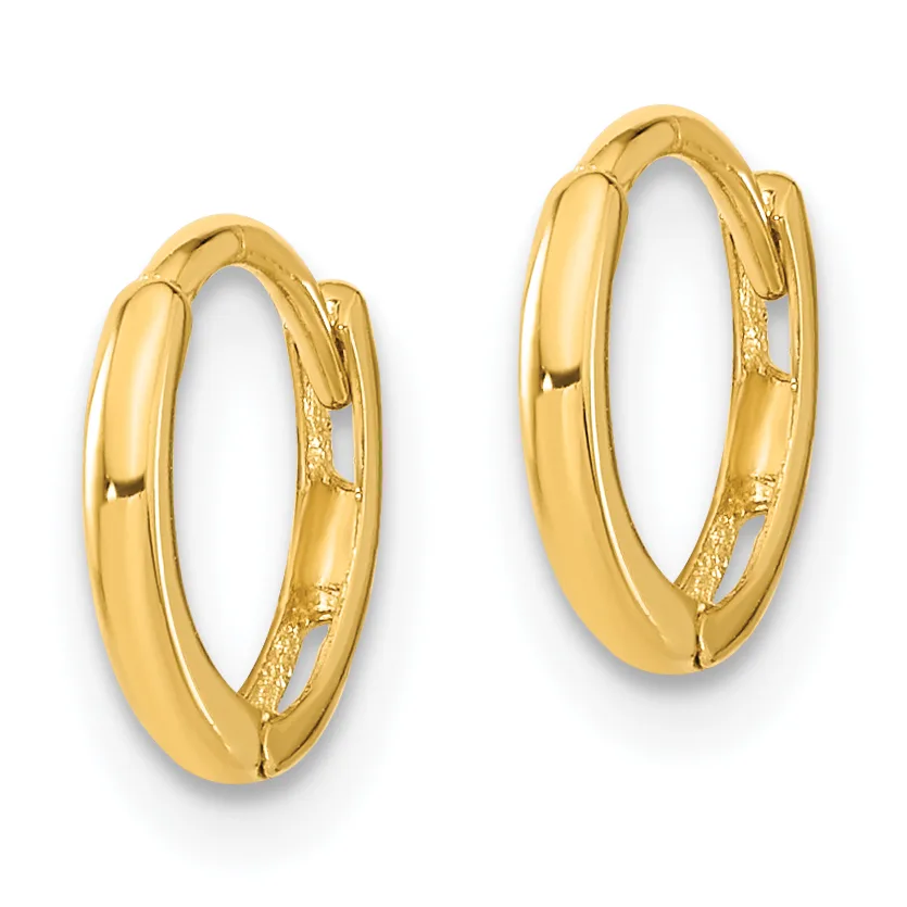 A pair of polished gold hoop earrings with a chunky, rounded profile and hinged closures, shown against a white background.
