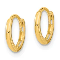 A pair of polished gold hoop earrings with a chunky, rounded profile and hinged closures, shown against a white background.