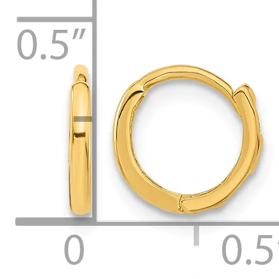 Pair of small gold-colored hinged hoop earrings displayed against a measurement scale showing dimensions of approximately 0.5 inches.