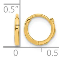 Pair of small gold-colored hinged hoop earrings displayed against a measurement scale showing dimensions of approximately 0.5 inches.