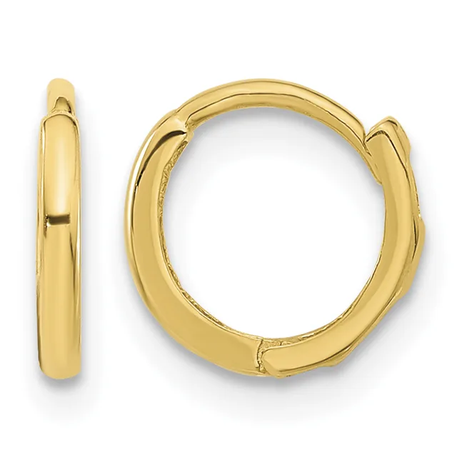 A pair of polished gold-colored huggie hoop earrings displayed from front and side views, showing their thick rounded profile and hinged closure.