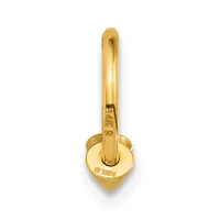 A gold hoop earring with a heart-shaped charm hanging from the bottom, shown against a white background.