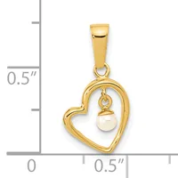 Gold heart-shaped pendant with a hanging pearl, shown next to a ruler indicating the pendant is approximately 0.5 inches wide.